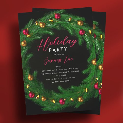 Corporate Holiday Party Festive Wreath Black Invitation
