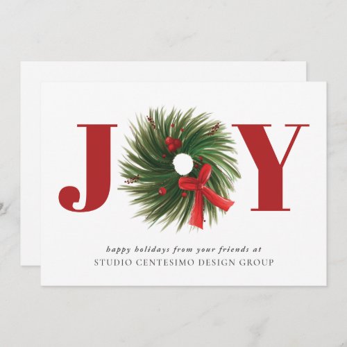 Corporate  JOY Watercolor Wreath Red Holiday Card