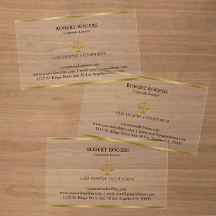 Corporate Law Gold Border and Justice Scale Clear Business Cards
