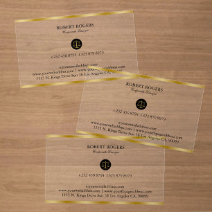 Corporate Law Gold Border and Justice Scale Clear Business Cards