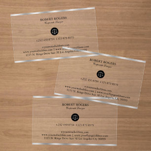 Corporate Law Silver Border and Justice Scale Clear Business Cards