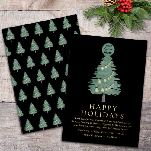 Corporate Logo Christmas Tree Black & Gold Script Foil Holiday Card