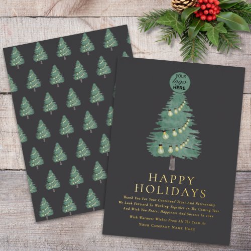 Corporate Logo Christmas Tree Gray & Gold Script Foil Holiday Card