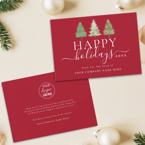Corporate Logo Christmas Trees Elegant Script Holiday Card