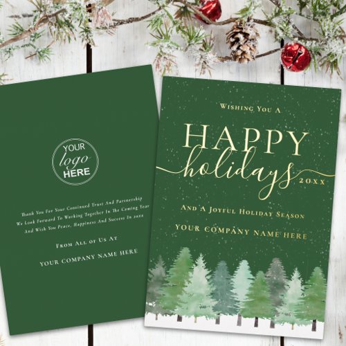 Corporate Logo Christmas Woodland Snow Script Gold Foil Holiday Card