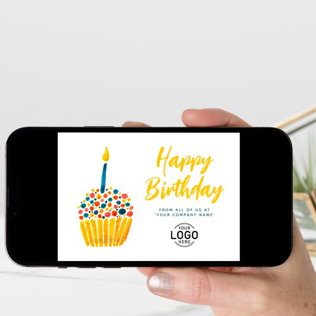 Corporate Logo Cute Red Blue Cupcake Birthday Card (Front Digital)
