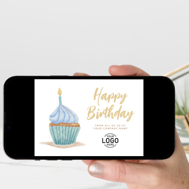 Corporate Logo Cute Soft Blue Cupcake Birthday Card (Front Digital)