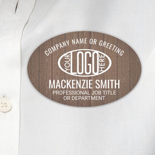 Corporate Logo Employee ID Brown Faux Wood Oval Name Tag
