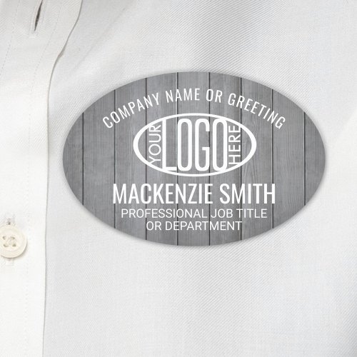 Corporate Logo Employee ID Grey Faux Wood Oval Name Tag