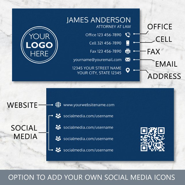 Corporate Logo Fax QR Code Professional Navy Business Card (Creator Uploaded)