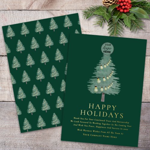 Corporate Logo Happy Holidays Christmas Tree Gold Foil Holiday Card