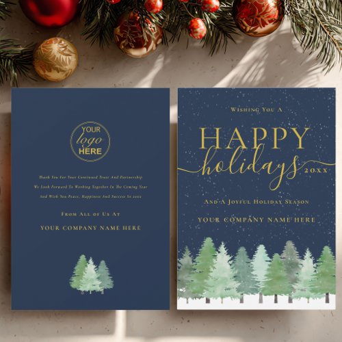Corporate Logo Happy Holidays Gold Script Blue Holiday Card