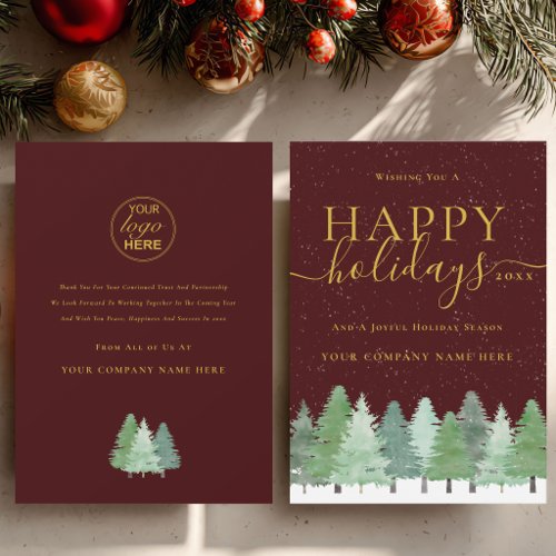 Corporate Logo Happy Holidays Gold Script Woodland Holiday Card