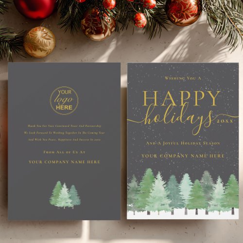 Corporate Logo Happy Holidays Gold Script Woodland Holiday Card