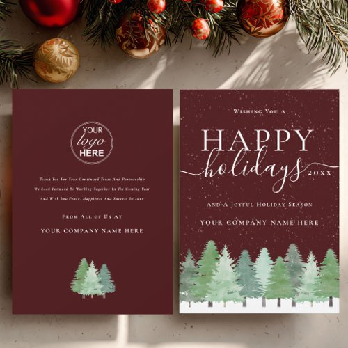 Corporate Logo Happy Holidays Script Woodland Snow Holiday Card