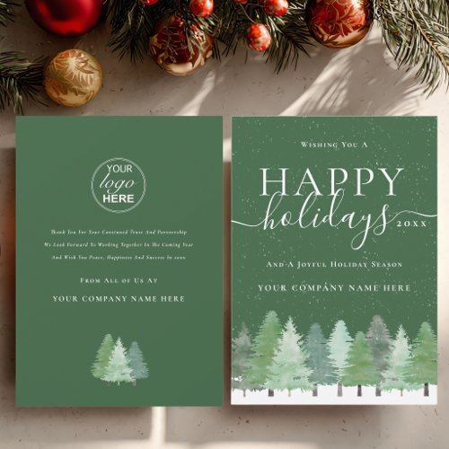 Corporate Logo Happy Holidays Script Woodland Snow Holiday Card