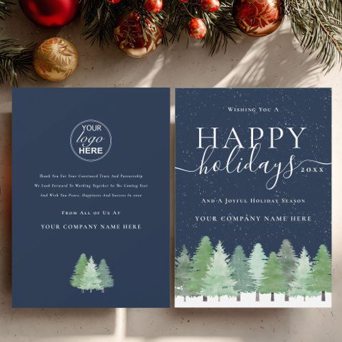 Corporate Logo Happy Holidays Snowy Fir Trees Blue Holiday Card