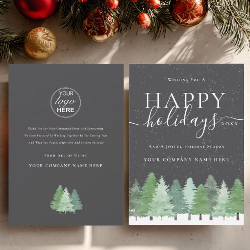 Corporate Logo Happy Holidays Woodland Snow Script Holiday Card