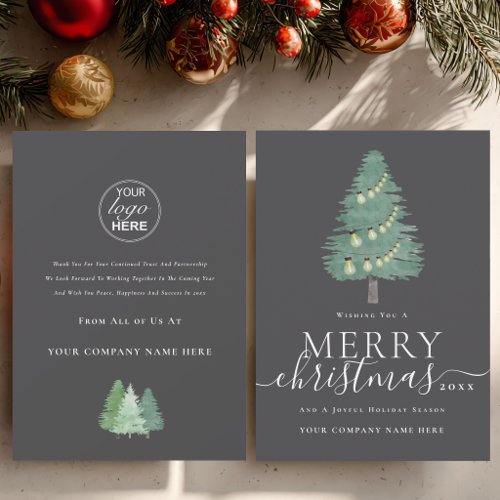 Corporate Logo Merry Christmas Tree and Lights Holiday Card