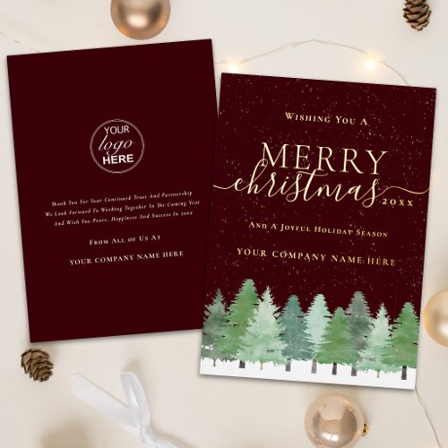 Corporate Logo Merry Christmas Tree Snow Foil Holiday Card