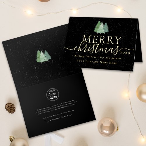 Corporate Logo Merry Christmas Trees Gold Foil Greeting Card