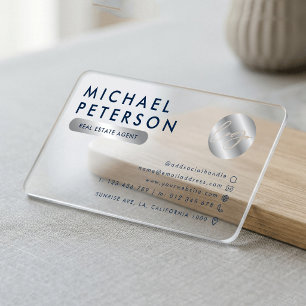 Corporate Logo Navy & Silver Contact Icons Plastic Clear Business Cards