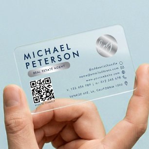 Corporate Logo Navy & Silver Scannable QR Code Clear Business Cards