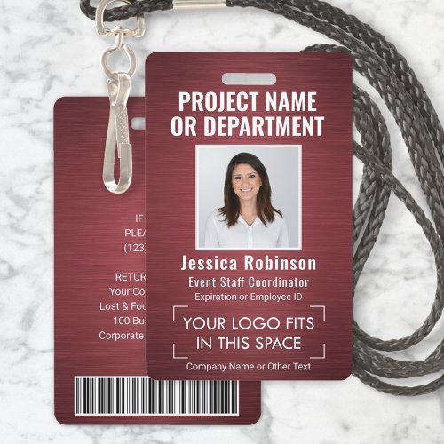 Corporate Logo Photo ID Barcode Brushed Burgundy Badge