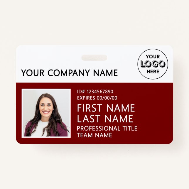 Corporate Logo Photo ID Barcode Burgundy Name  Badge (Front)