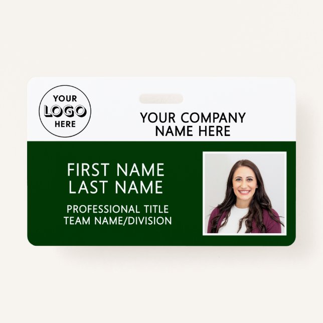 Corporate Logo Photo ID Barcode Dark Green Name Badge (Front)