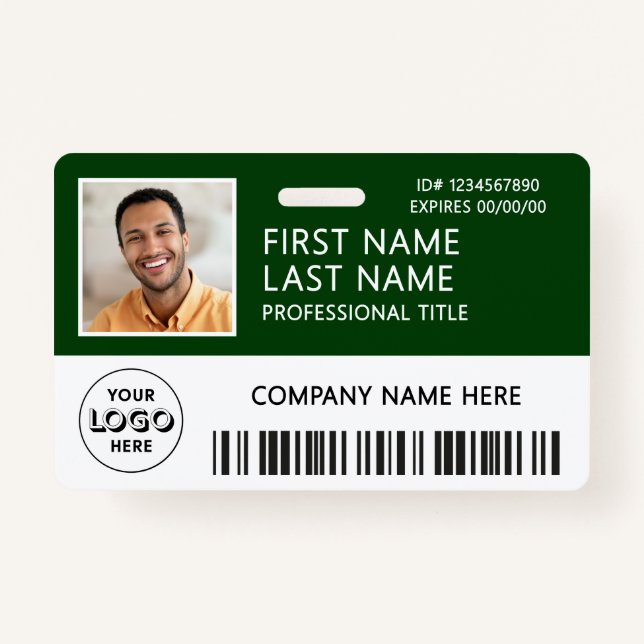 Corporate Logo Photo ID Barcode Dark Green Name Badge (Front)