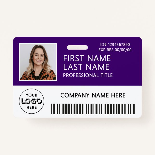 Corporate Logo Photo ID Barcode Purple Name Badge (Front)