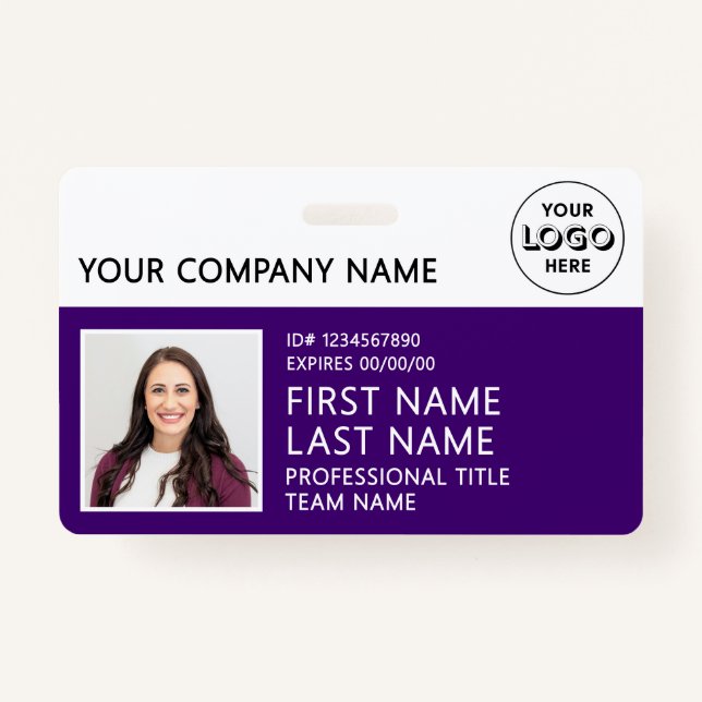 Corporate Logo Photo ID Barcode Purple Name Badge (Front)