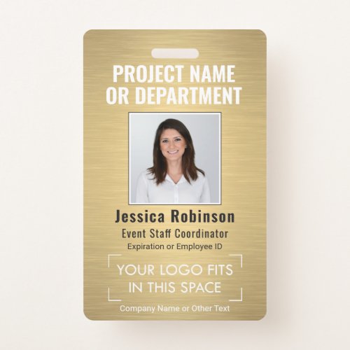Corporate Logo Photo ID QR Barcode Brushed Gold Badge