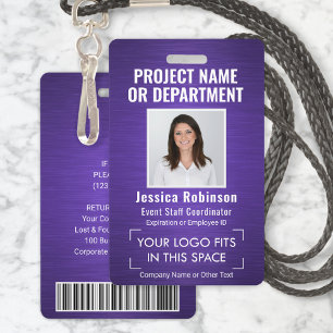 Corporate Logo Photo ID QR Barcode Brushed Purple Badge