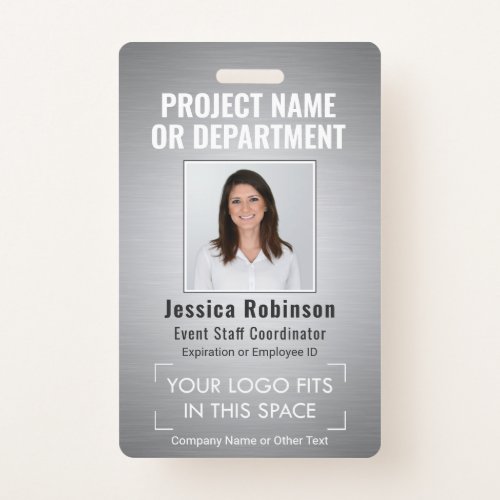 Corporate Logo Photo ID QR Barcode Brushed Silver Badge