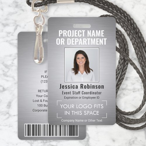 Corporate Logo Photo ID QR Barcode Brushed Silver Badge