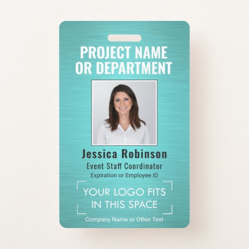 Corporate Logo Photo ID QR Barcode Brushed Teal Badge