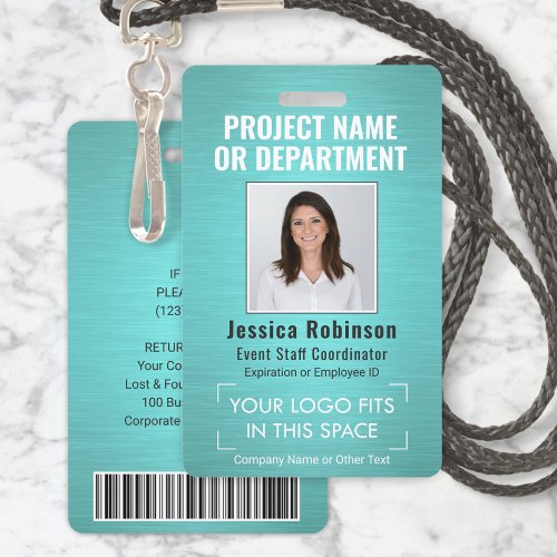 Corporate Logo Photo ID QR Barcode Brushed Teal Badge