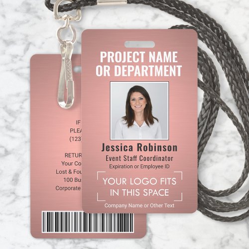 Corporate Logo Photo ID QR Barcode Pink Rose Gold Badge