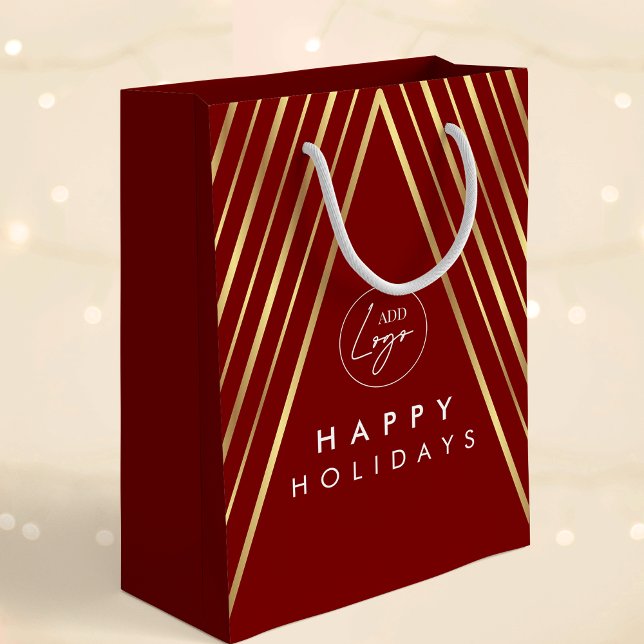 Corporate Logo Red & Gold Geometric Christmas Tree Medium Gift Bag (Elegant corporate business logo red and gold effects Christmas gift bag)