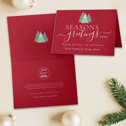 Corporate Logo Seasons Greetings Snowy Trees Red Holiday Card
