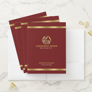 Corporate logo with gold stripes on red pocket folder