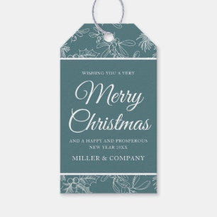 Corporate Merry Christmas Teal Botanical Gift Tags