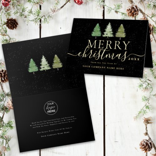Corporate Merry Christmas Trees Business Logo Gold Foil Holiday Card