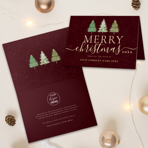 Corporate Merry Christmas Trees Company Logo Gold Foil Holiday Card