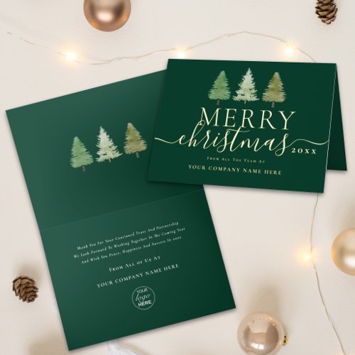 Corporate Merry Christmas Trees Company Logo Gold Foil Holiday Card