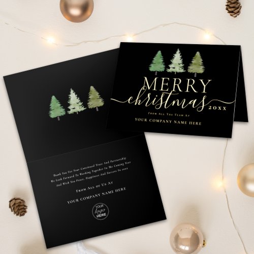Corporate Merry Christmas Trees Company Logo Gold Foil Holiday Card