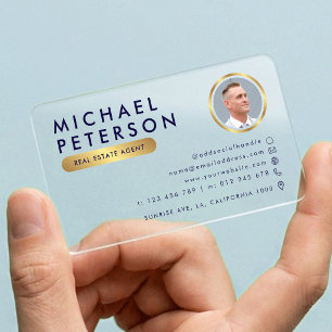 Corporate Navy & Gold Contact Icons Photo Plastic Clear Business Cards