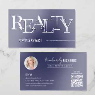 Corporate Navy Real Estate Agent Photo QR Code Raised Spot UV Business Card